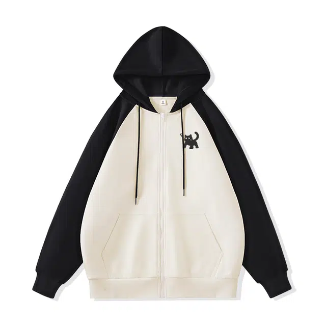 棉致 惊叹猫简约无性别主义美式撞色插肩时尚休闲宽松弹力吸湿透气拉链开衫外套连帽卫衣 男女同款