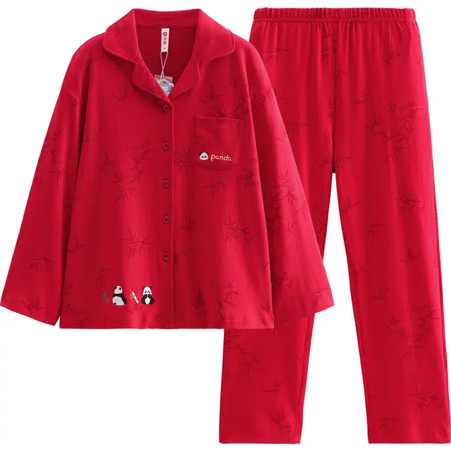 芬腾 情侣春秋季纯棉开衫长袖抗静电本命年结婚家居服睡衣套装 男女同款