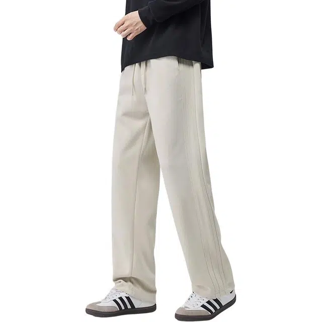 潮人榜 秋冬季美式高街高级感卫裤基础款垂坠感侧边条纹宽松直筒潮流百搭针织运动阔腿休闲裤 男女同款