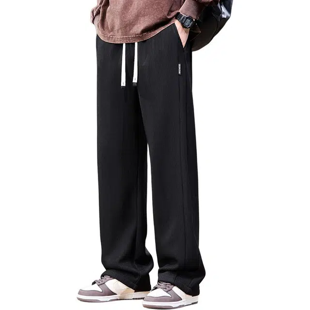 协协乐 高街华夫格卫裤春秋季男士美式潮流宽松阔腿垂坠感拖地裤百搭青少年弹力抽绳痞帅运动长裤休闲裤 男款