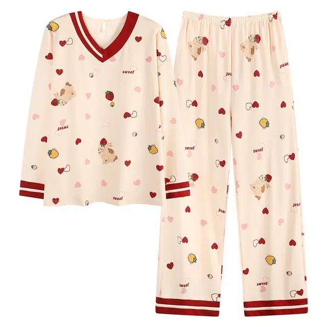 帕兰朵 纯棉春秋季带胸垫防凸点长袖宽松家居服休闲女士夏天柔软睡衣套装 女款