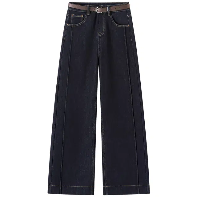 她池 简约纯色高腰水洗加绒垂感长款阔腿牛仔裤 女款