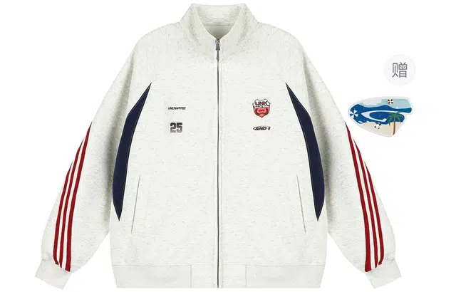 港仔文艺男 美式复古三条杠撞色拼接赛车服元素卫衣经典字母印花徽章小标立领插肩袖上衣休闲宽松百搭简约夹克外套 男女同款