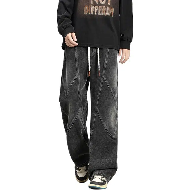 顶峰保罗 美式潮牌解构高级设计感宽松直筒阔腿情侣款潮流百搭水洗做旧通勤亲肤舒适痞帅牛仔裤 男女同款