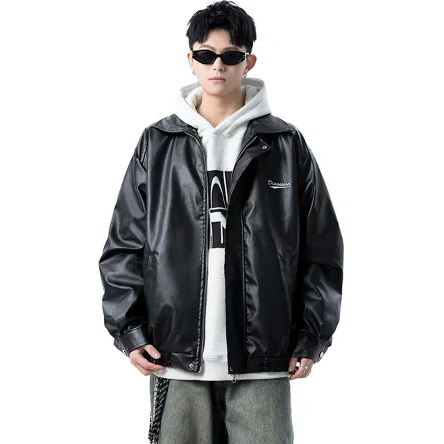 冈哉 美式复古简约宽松翻领飞行春秋季拉链大码休闲个性百搭舒适高街潮流户外日常通勤皮夹克 男女同款