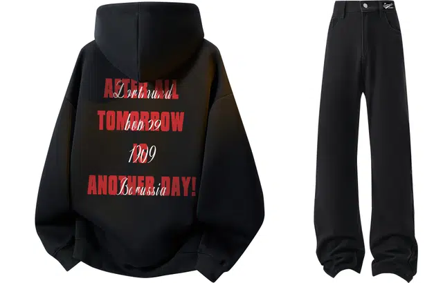 普鲁士多特蒙德 美式复古潮流街头满印手写字母品牌印花宽松舒适休闲百搭日常通勤重磅保暖连帽上衣直筒垂顺显高长裤牛仔裤卫衣套装 男女同款