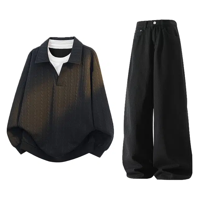 梓润格 秋季美式潮流复古百搭时尚长袖立领套头卫衣纯色简约休闲宽松日常随性慵懒感基础款水洗高街拖地阔腿直筒裤套装 男女同款