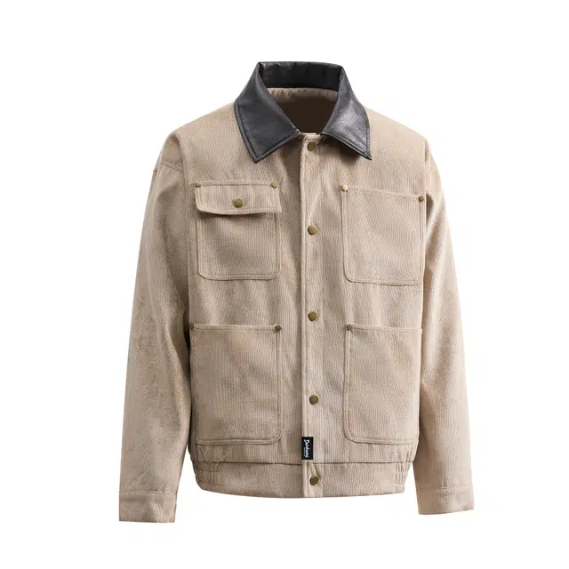 敦煌博物馆 美式短款谷仓外套撞色水洗皮翻领绒感做旧珠地面料高街多口袋金属柳钉防风保暖厚外套经典美拉德百搭哈灵顿夹克 男女同款