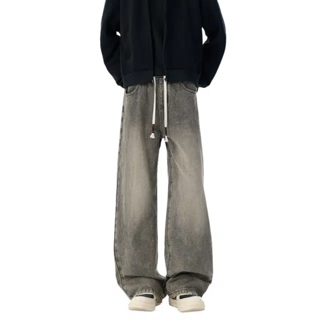 加荣 美式复古水洗牛仔裤男秋季宽松阔腿裤男款潮牌高街休闲直筒裤青少年帅气男装裤子慵懒风松弛弯刀裤男士小众设计长裤 男女同款