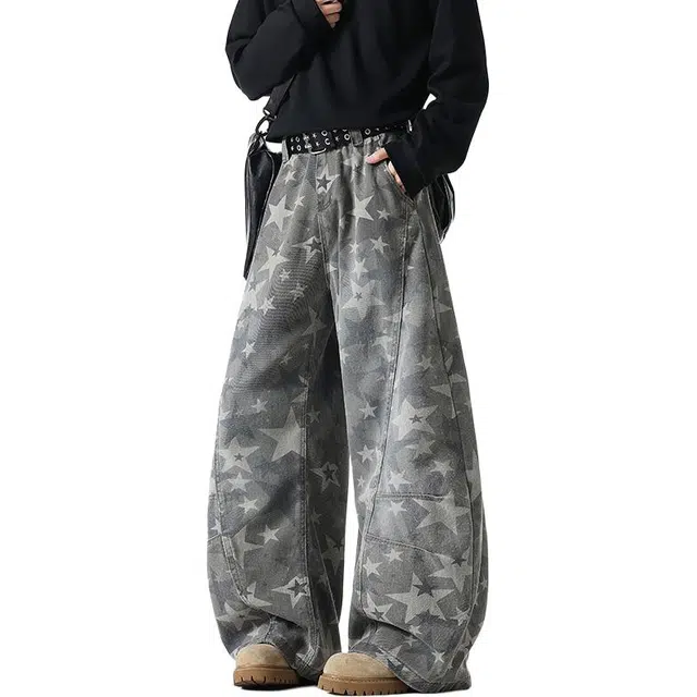 加荣 美式复古星星印花做旧牛仔裤男秋季宽松休闲裤男潮流百搭弯刀裤男士慵懒风松弛感直筒裤男款青少年帅气男装裤子高级长裤 男女同款