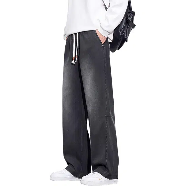 协协乐 美式复古做旧水洗高街机能风春秋季潮牌宽松直筒阔腿拖地裤青少年弹力抽绳百搭休闲运动长裤牛仔裤 男款