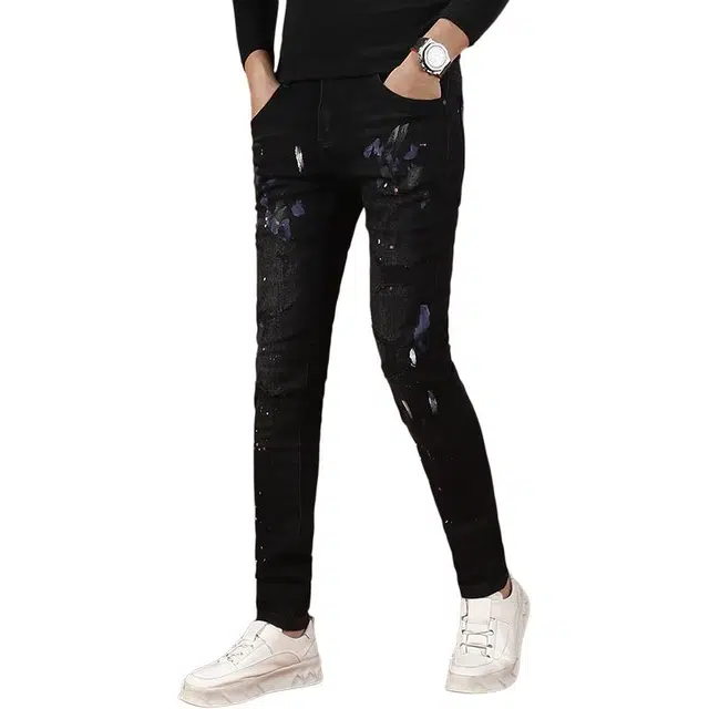 吉肯蒂 潮牌男士韩版破洞补丁男裤秋季款小脚裤牛仔裤 男款