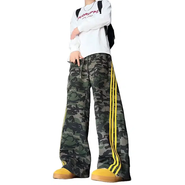 加荣 美式复古迷彩直筒裤男侧条纹小众设计感男装宽松休闲阔腿裤男慵懒风松弛感哈伦裤男款时尚高级感垂感男士长裤 男女同款