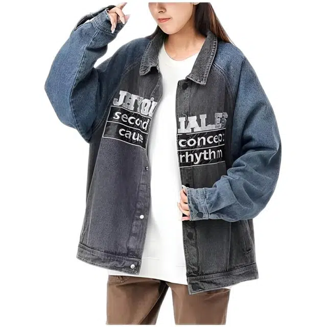 木木兔 潮流时尚秋季 大码 情侣装 拼接撞色夹克男宽松百搭翻领休闲牛仔外套 男女同款