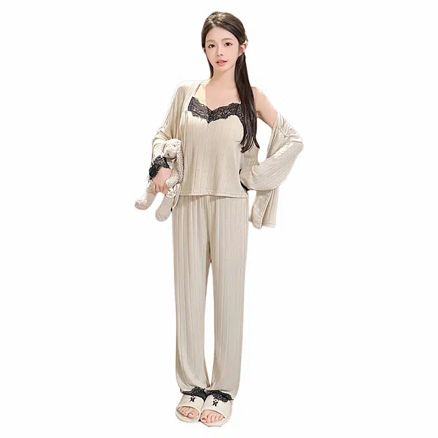 潞优野 高级感秋冬羊绒棉吊带长袖三件套带胸垫性感蕾丝外穿家居服春秋睡衣套装 女款