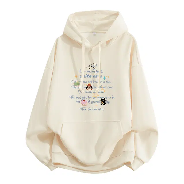 棉致 美食小猫涂鸦潮流时尚创意百搭学院风日常通勤落肩宽松柔软舒适套头连帽卫衣 男女同款