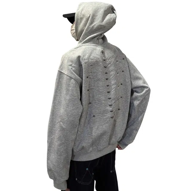 虫小绿 美式复古脊骨小众设计金属柳钉连帽套头上衣做旧春秋季潮流高级感宽松休闲百搭情侣帽衫卫衣 男女同款