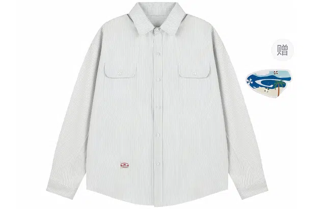 港仔文艺男 撞色条纹口袋字母小标日系休闲翻领落肩袖上衣宽松百搭简约衬衫 男女同款