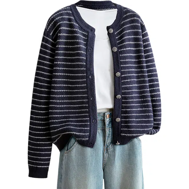 丝柏舍 单排扣圆领撞色条纹休闲短款简约针织开衫长袖截短外套 女款