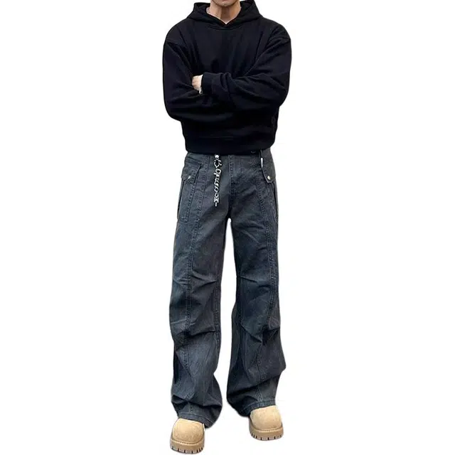 如续 美式复古做旧褶皱微喇叭设计感休闲长裤高街风高级感宽松工装裤 男女同款