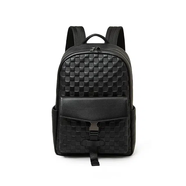 老人头 经典简约时尚休闲百搭潮流格子纹通勤出差高级质感 牛皮革 双肩包 常规 男女同款情侣款 黑色