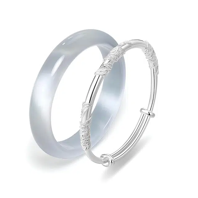 【繁花似锦】 琉堇 白月光叠戴手饰 新中式国潮国风精致复古美人镯 清冷感养人玉镯 旗袍汉服显白水润圆条贵妃镯 玻璃猫眼 手镯 女款