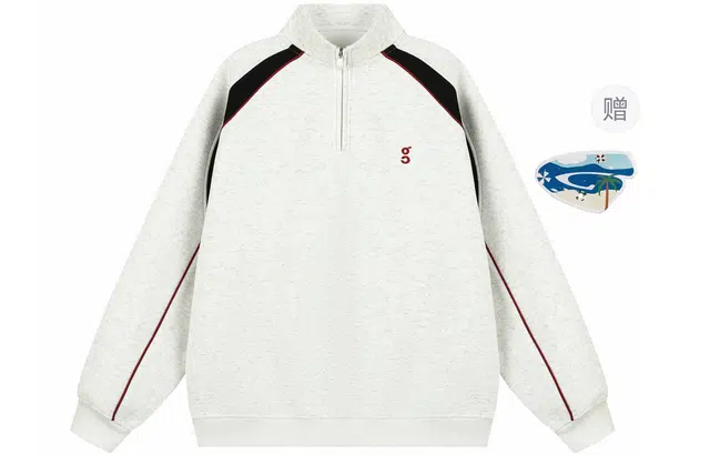 港仔文艺男 撞色拼接立体条纹字母刺绣设计半拉链立领插肩袖上衣休闲百搭宽松卫衣 男女同款