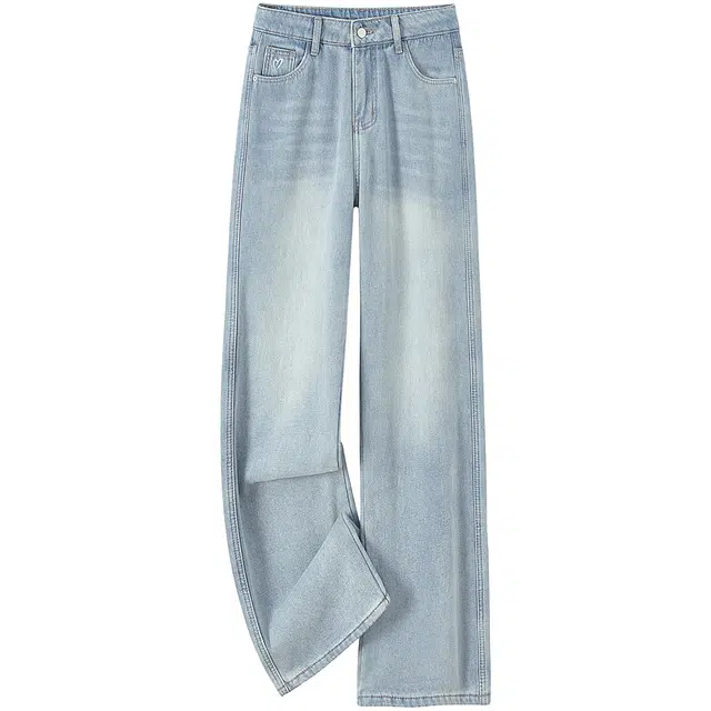 她池 简约风高腰水洗加绒保暖长款直筒牛仔裤 女款