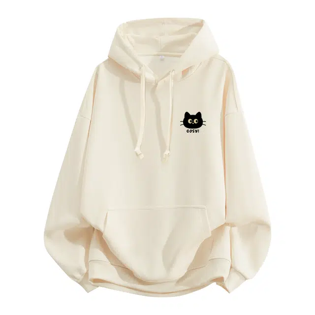 棉致 大眼猫猫涂鸦潮流时尚创意百搭学院风日常通勤落肩宽松柔软舒适套头连帽卫衣 男女同款