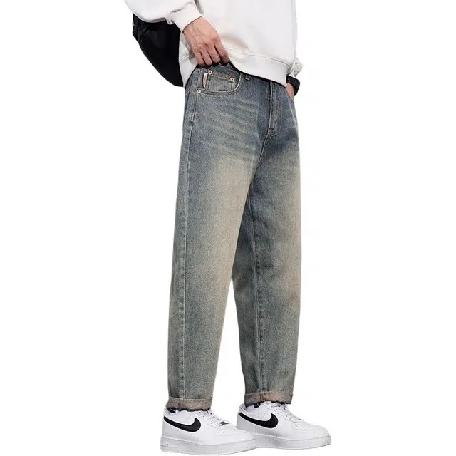 协协乐 潮流怀旧美式复古做旧水洗高街春秋季男士潮牌宽松锥形九分裤青少年痞帅百搭萝卜裤休闲运动长裤牛仔裤 男款