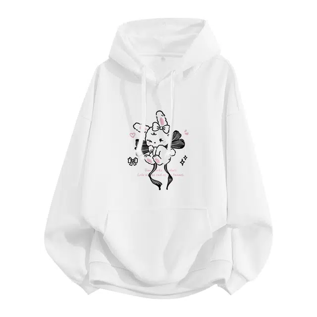 棉致 蝴蝶结小兔潮流时尚创意百搭学院风日常通勤落肩宽松柔软舒适套头连帽卫衣 男女同款