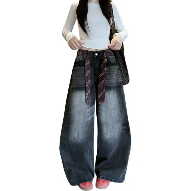 轻迎 阔腿复古水洗宽松百搭休闲弯刀拖地牛仔裤 女款