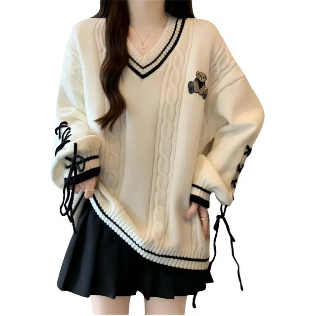 荟萃阁 甜酷减龄袖子绑带设计感显瘦女宽松慵懒风针织衫 女款