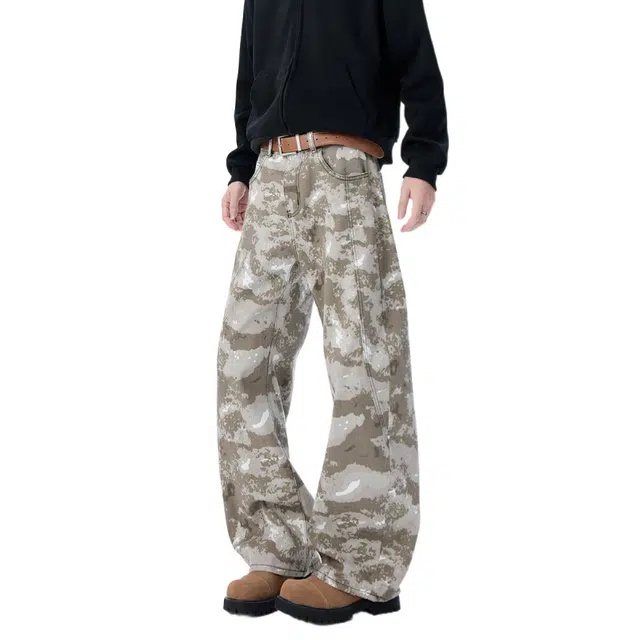 加荣 美式街头迷彩弯刀工装裤男小众设计感宽松阔腿休闲裤男款青少年痞帅男装裤子时尚高级感卫裤潮牌多口袋男士长裤 男女同款