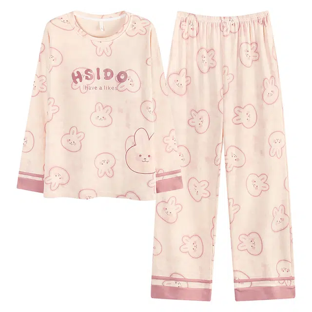 帕兰朵 女士春秋冬款纯棉长袖可外穿家居服带胸垫防凸点可爱睡衣套装 女款