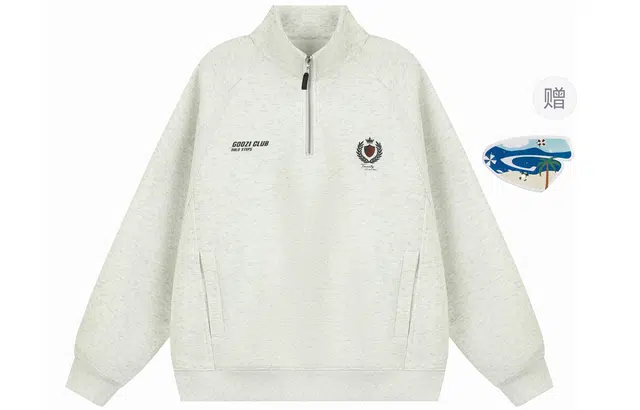 港仔文艺男 美式重磅半拉链拼接字母徽章刺绣设计立领插肩袖上衣休闲百搭宽松简约卫衣 男女同款