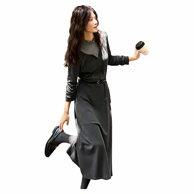 佐塞斯 高端品质轻奢假两件拼接半高领秋冬内里抓绒感腰带收腰显瘦裙长袖连衣裙 女款