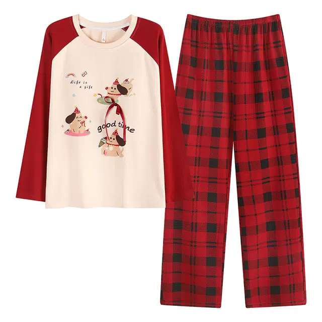 帕兰朵 带胸垫纯棉女长袖春秋款卡通薄款学生秋季家居服全棉舒适睡衣套装 女款