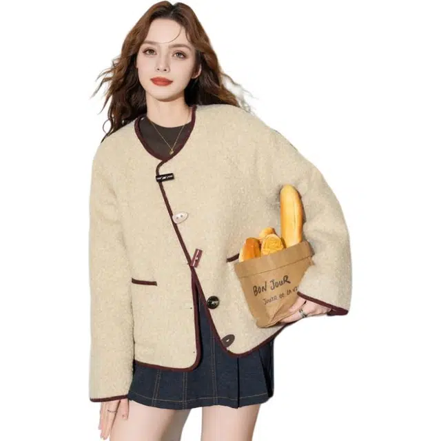 法文箱子 仿羊羔毛冬季小个子截短外套 女款