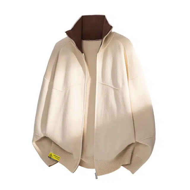 普鲁士多特蒙德 美式简约撞色翻领拉链开衫慵懒风毛衣基础款宽松百搭时尚潮流柔软舒适亲肤日常通勤针织衫 男女同款