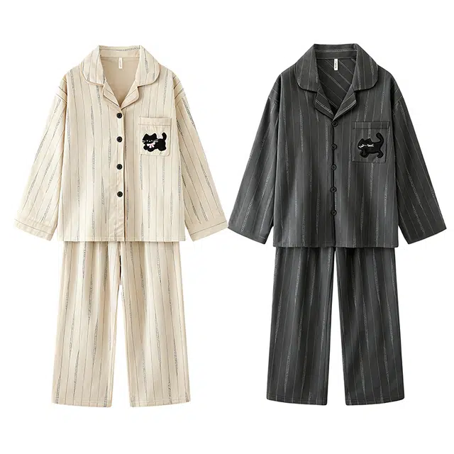 俏韵 春秋季情侣条纹小黑猫长袖长裤休闲舒适家居服可外穿睡衣套装 男女同款