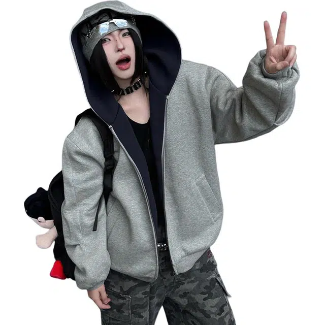 冈哉 美式基础款宽松结构双面连帽卫简约百搭痞帅个性潮流潮牌慵懒感城市日常通勤柔软舒适卫衣  男女同款