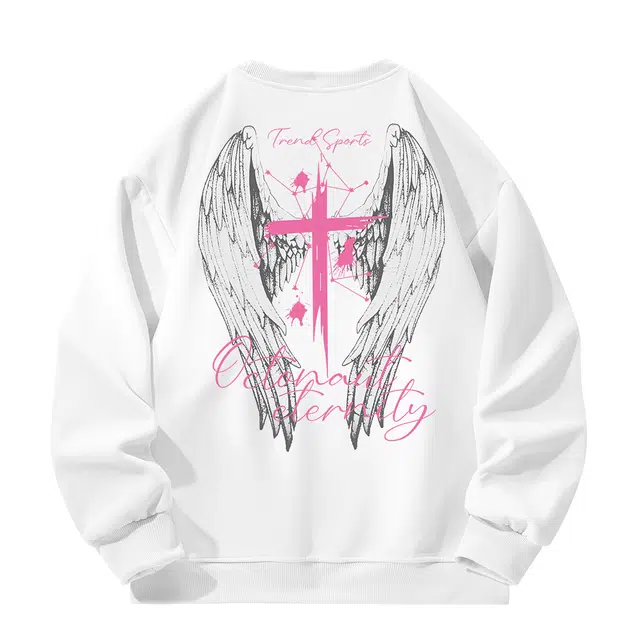 海底小纵队 潮流重磅穿搭美式高街手绘素描翅膀涂鸦十字架印花街头嘻哈学院风上衣套头裁剪落肩垂感宽松百搭长袖圆领卫衣 男女同款