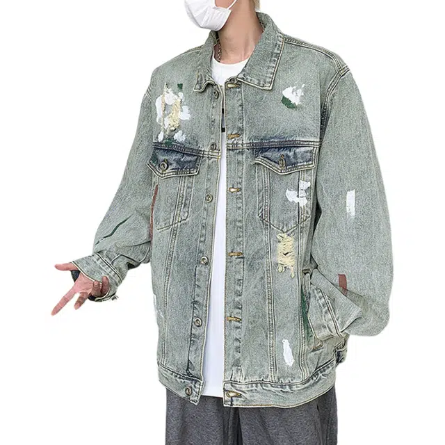 冈哉 涂鸦泼墨水洗做旧单排扣翻领设计美式复古高街宽松休闲破洞拼接牛仔夹克外套 男女同款