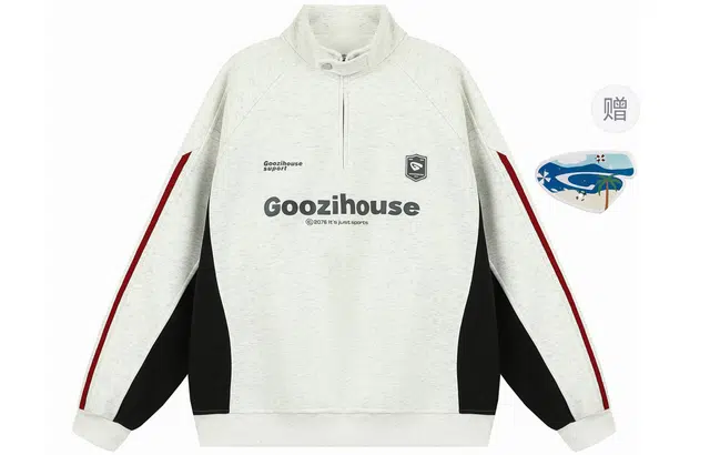 港仔文艺男 半拉链小立扣撞色拼接条纹三条杠立领上衣日系复古字母徽章插肩长袖休闲百搭宽松简约套头卫衣 男女同款