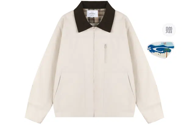 港仔文艺男 日系底特律工装撞色条纹内里拉链口袋翻领休闲上衣开衫宽松百搭哈灵顿夹克外套 男女同款