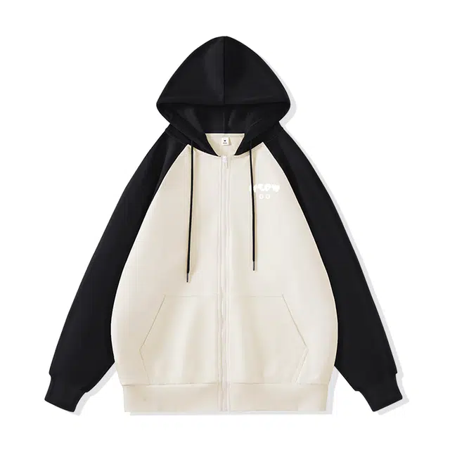 棉致 猫咪简约无性别主义美式撞色插肩时尚休闲宽松弹力吸湿透气拉链开衫外套连帽卫衣 男女同款