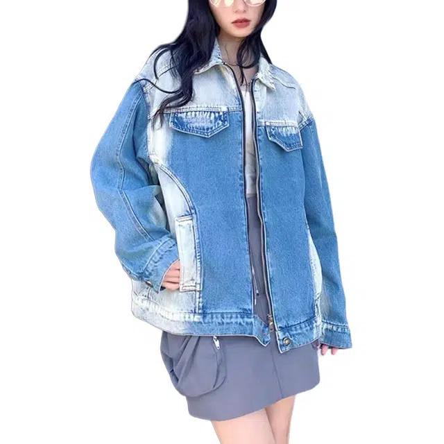 洋气先生 美式复古高街简约基础拼色潮牌慵懒风重磅休闲长袖潮流居家宽松舒适亲肤户外运动时尚百搭水洗做旧上衣牛仔外套 男女同款