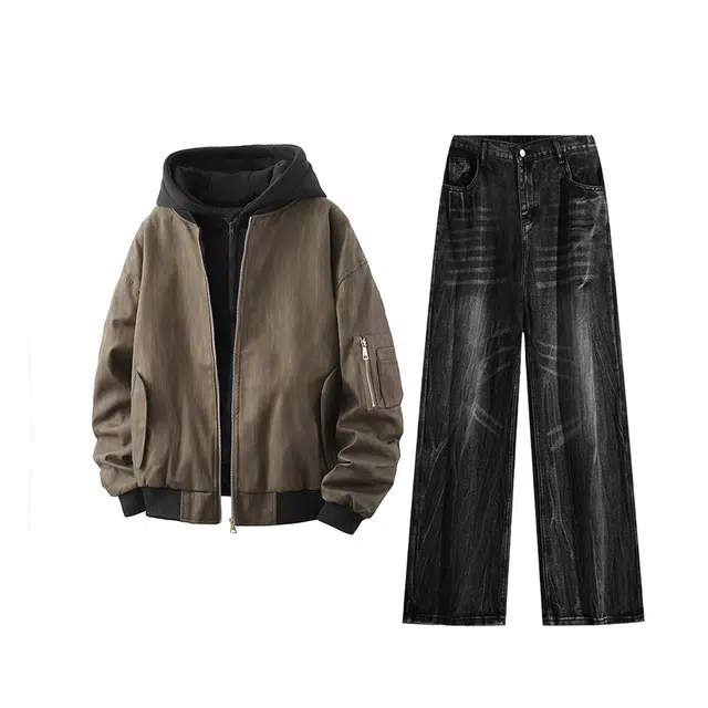 素杭 美式重磅帽衫复古做旧撞色连帽皮衣开衫夹克外套搭配闪电纹直筒牛仔裤两件套潮流穿搭一整套休闲运动套装 男女同款