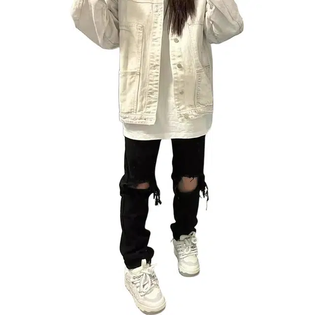 如续 美式高街破洞设计感直筒显瘦显高修身百搭牛仔裤 女款